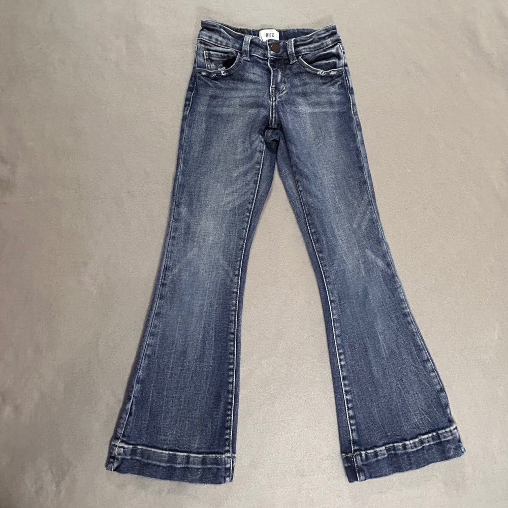 BKE Youth Girls Dark Wash Flare Leg Jeans Adjustable Waist Size 8